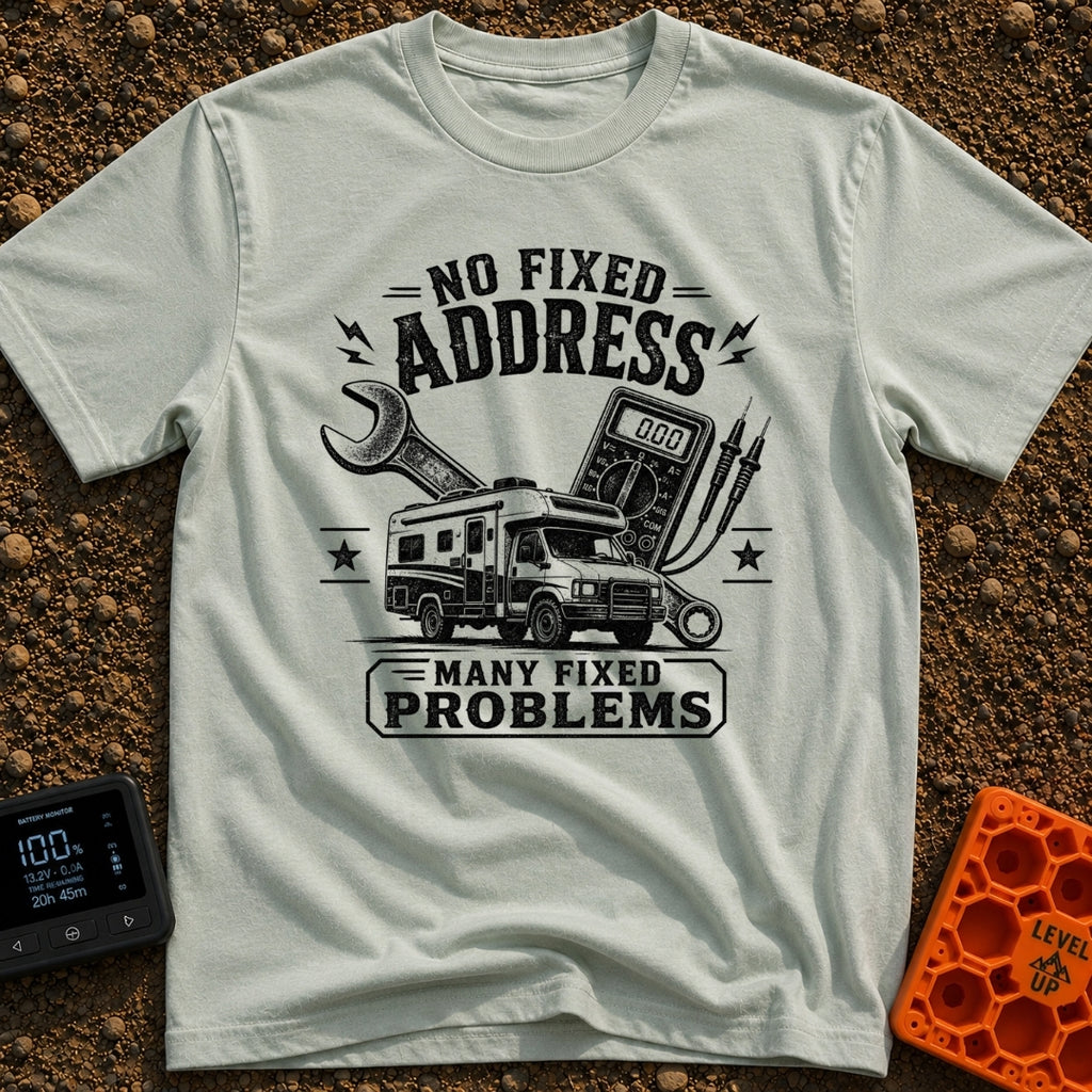 Fixed For Now - T-Shirt in Bay - A black and white illustration of a Class C motorhome positioned in front of a large...