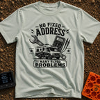Fixed For Now - T-Shirt in Bay - A black and white illustration of a Class C motorhome positioned in front of a large...