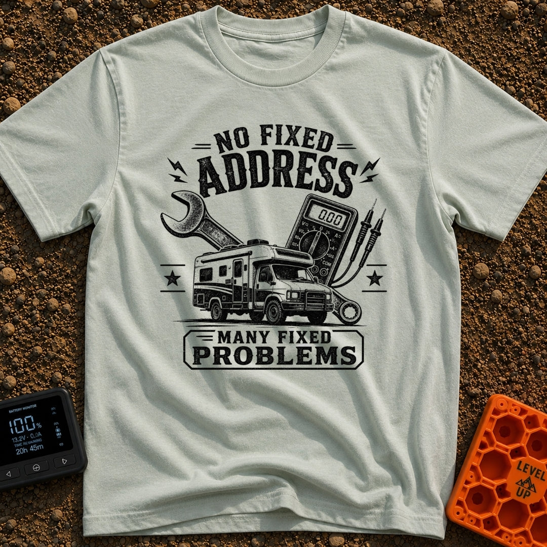 Fixed For Now - T-Shirt in Bay - A black and white illustration of a Class C motorhome positioned in front of a large...