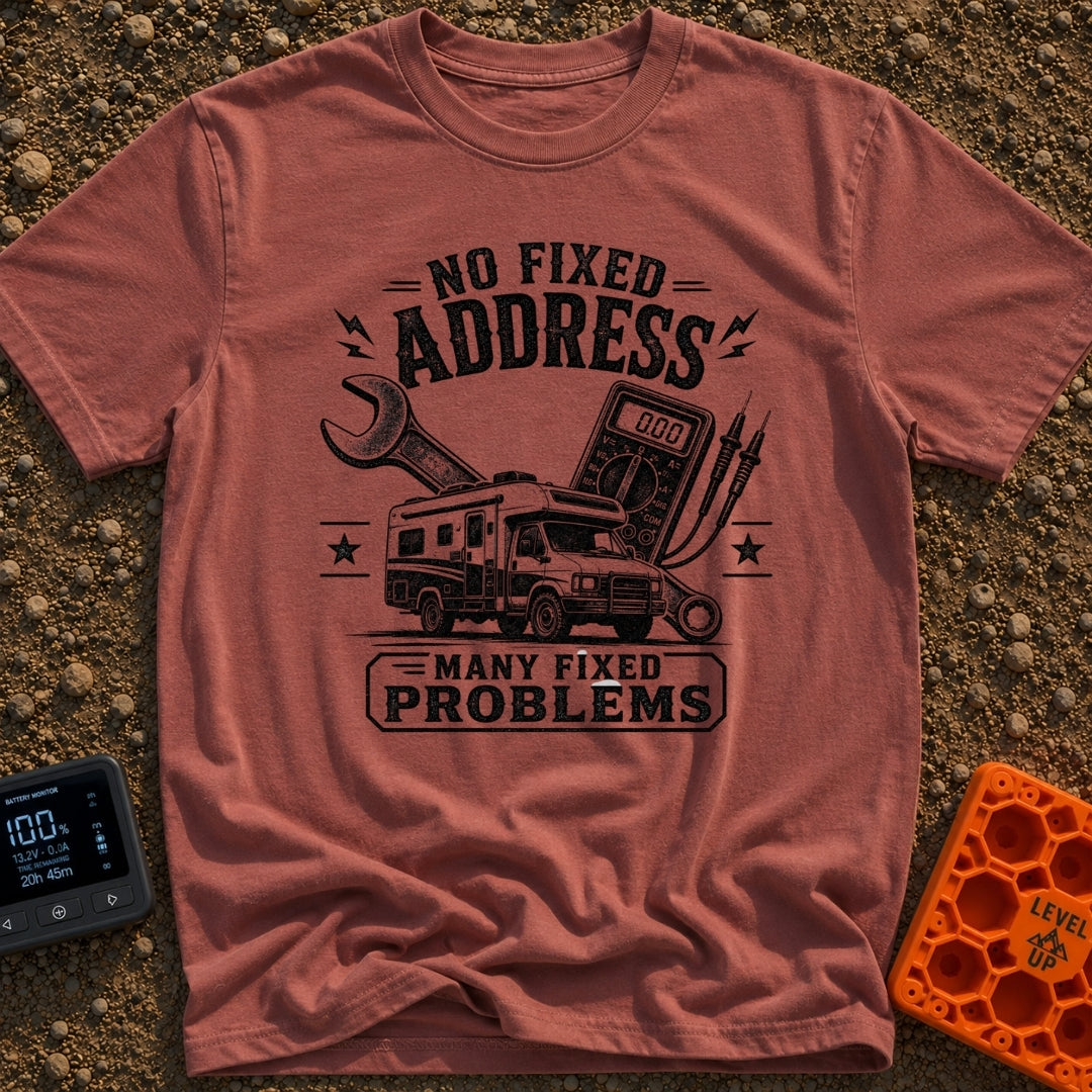 Fixed For Now - T-Shirt in Brick - A black and white illustration of a Class C motorhome positioned in front of a large...
