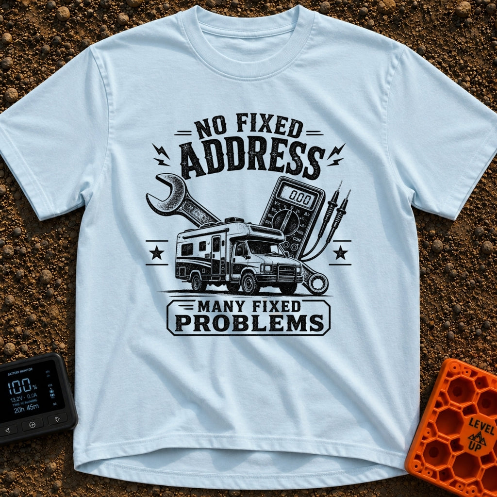 Fixed For Now - T-Shirt in Chambray - A black and white illustration of a Class C motorhome positioned in front of a...