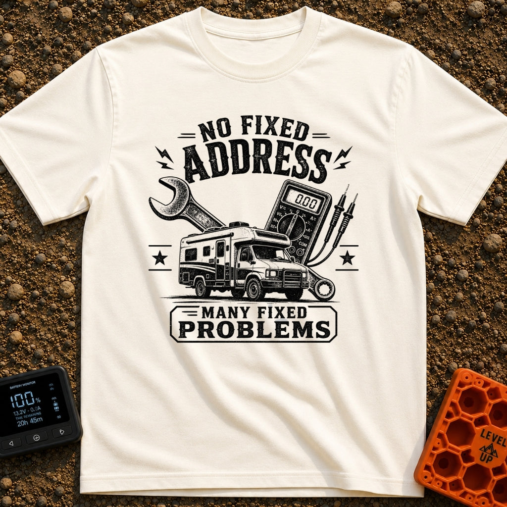 Fixed For Now - T-Shirt in Ivory - A black and white illustration of a Class C motorhome positioned in front of a large...