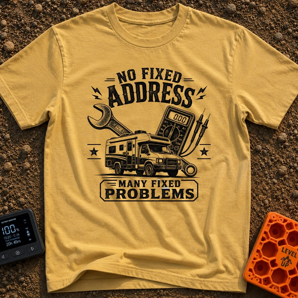 Fixed For Now - T-Shirt in Mustard - A black and white illustration of a Class C motorhome positioned in front of a large...