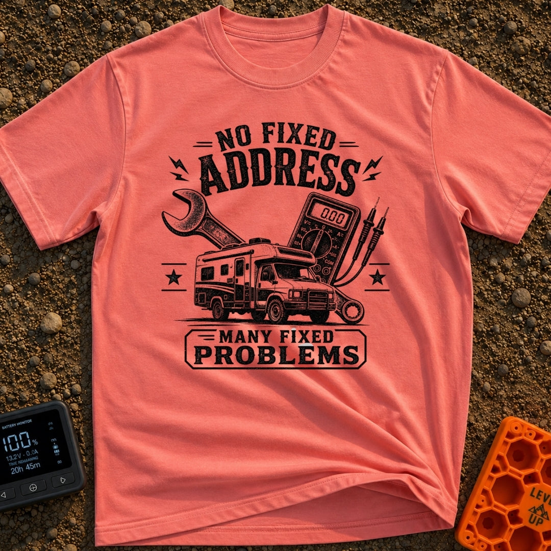 Fixed For Now - T-Shirt in Watermelon - A black and white illustration of a Class C motorhome positioned in front of a...