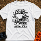 Fixed For Now - T-Shirt in White - A black and white illustration of a Class C motorhome positioned in front of a large...