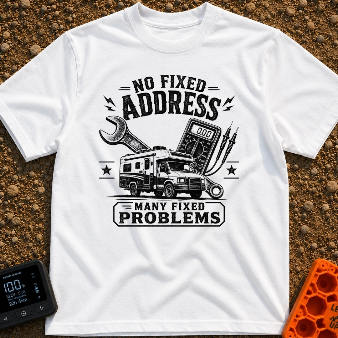 Fixed For Now - T-Shirt in White - A black and white illustration of a Class C motorhome positioned in front of a large...