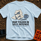 Map Ninja Skills - T-Shirt in Chambray - An illustration of a paper map folded chaotically into a tangled geometric...