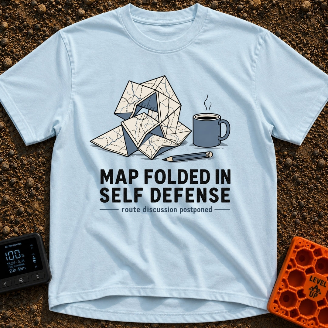 Map Ninja Skills - T-Shirt in Chambray - An illustration of a paper map folded chaotically into a tangled geometric...
