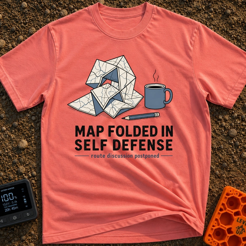 Map Ninja Skills - T-Shirt in Watermelon - An illustration of a paper map folded chaotically into a tangled geometric...