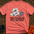 Map Ninja Skills - T-Shirt in Watermelon - An illustration of a paper map folded chaotically into a tangled geometric...