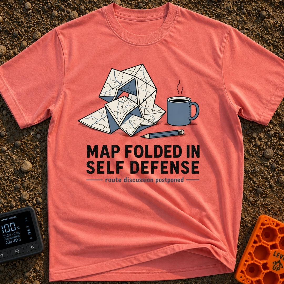 Map Ninja Skills - T-Shirt in Watermelon - An illustration of a paper map folded chaotically into a tangled geometric...