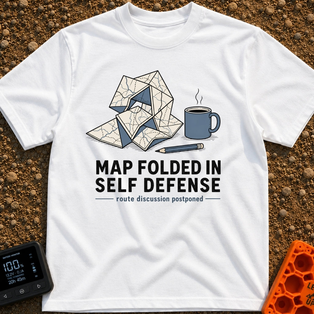 Map Ninja Skills - T-Shirt in White - An illustration of a paper map folded chaotically into a tangled geometric shape,...
