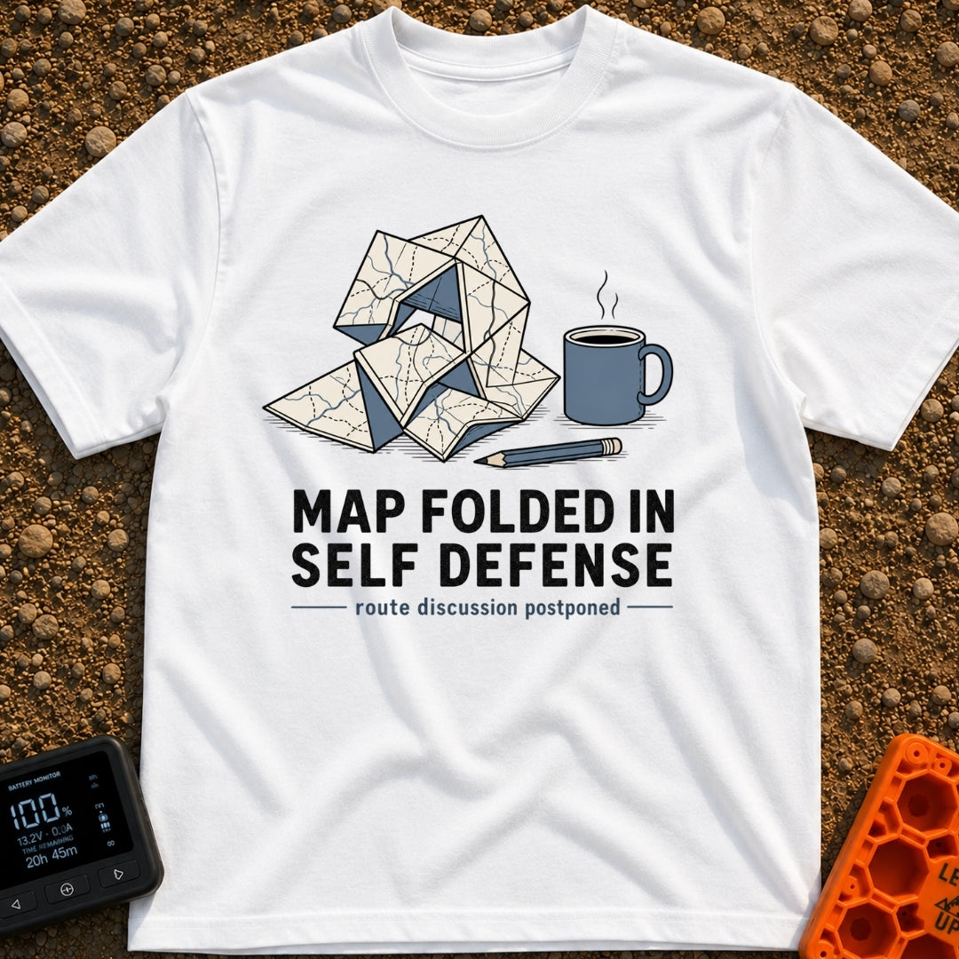 Map Ninja Skills - T-Shirt in White - An illustration of a paper map folded chaotically into a tangled geometric shape,...