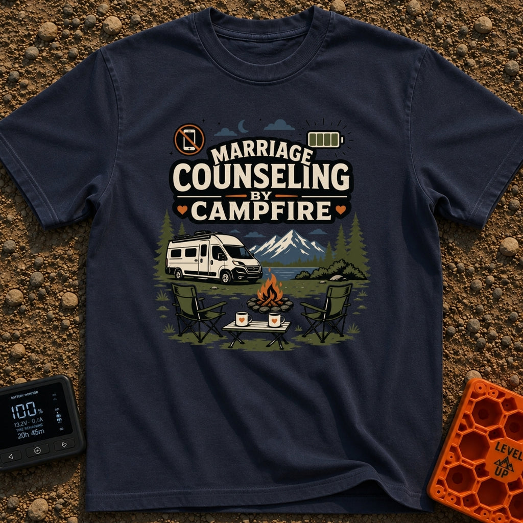 Campfire Marriage Counseling - T-Shirt in Navy - A white camper van parked by a mountain lake, with two empty camp chairs...