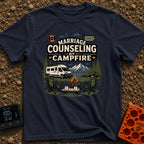 Campfire Marriage Counseling - T-Shirt in Navy - A white camper van parked by a mountain lake, with two empty camp chairs...