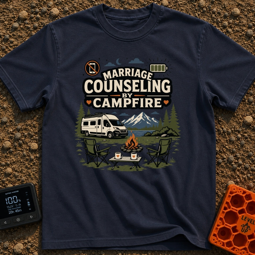 Campfire Marriage Counseling - T-Shirt in Navy - A white camper van parked by a mountain lake, with two empty camp chairs...