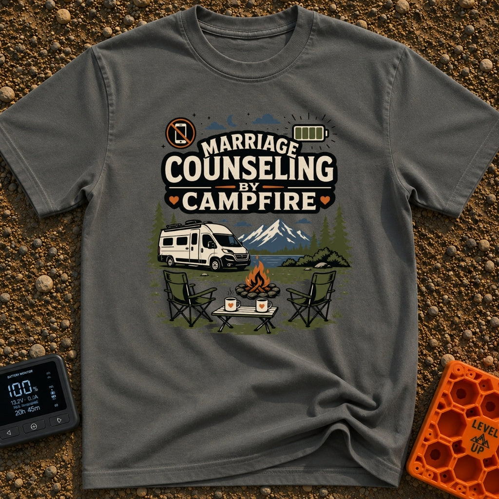 Campfire Marriage Counseling - T-Shirt in Pepper - A white camper van parked by a mountain lake, with two empty camp...