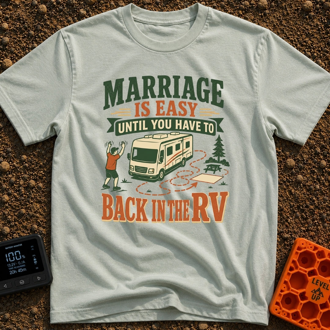 Divorce By Backing Up - T-Shirt in Bay - An illustration of a man waving his arms to guide a large motorhome into a...