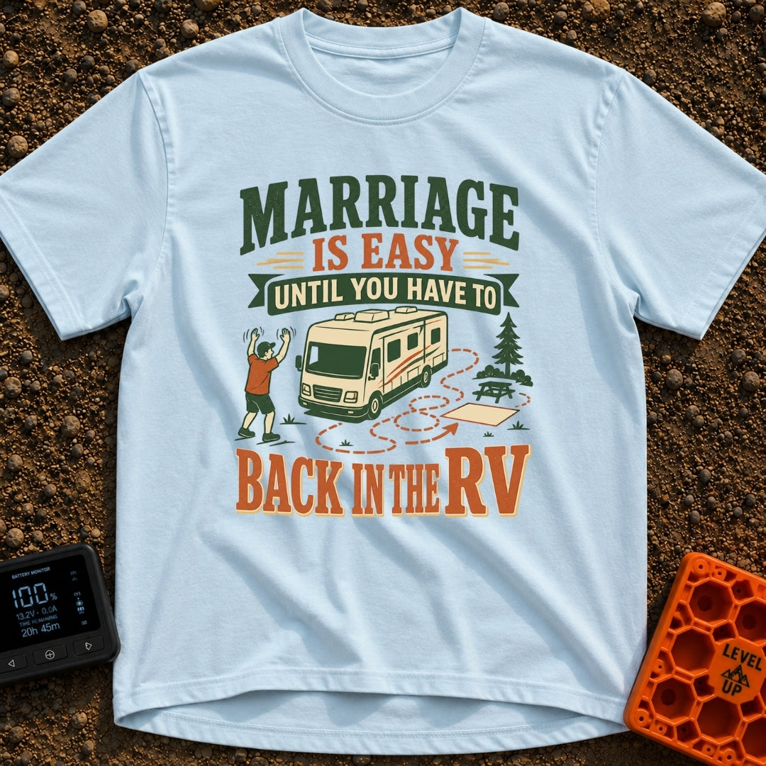 Divorce By Backing Up - T-Shirt in Chambray - An illustration of a man waving his arms to guide a large motorhome into a...