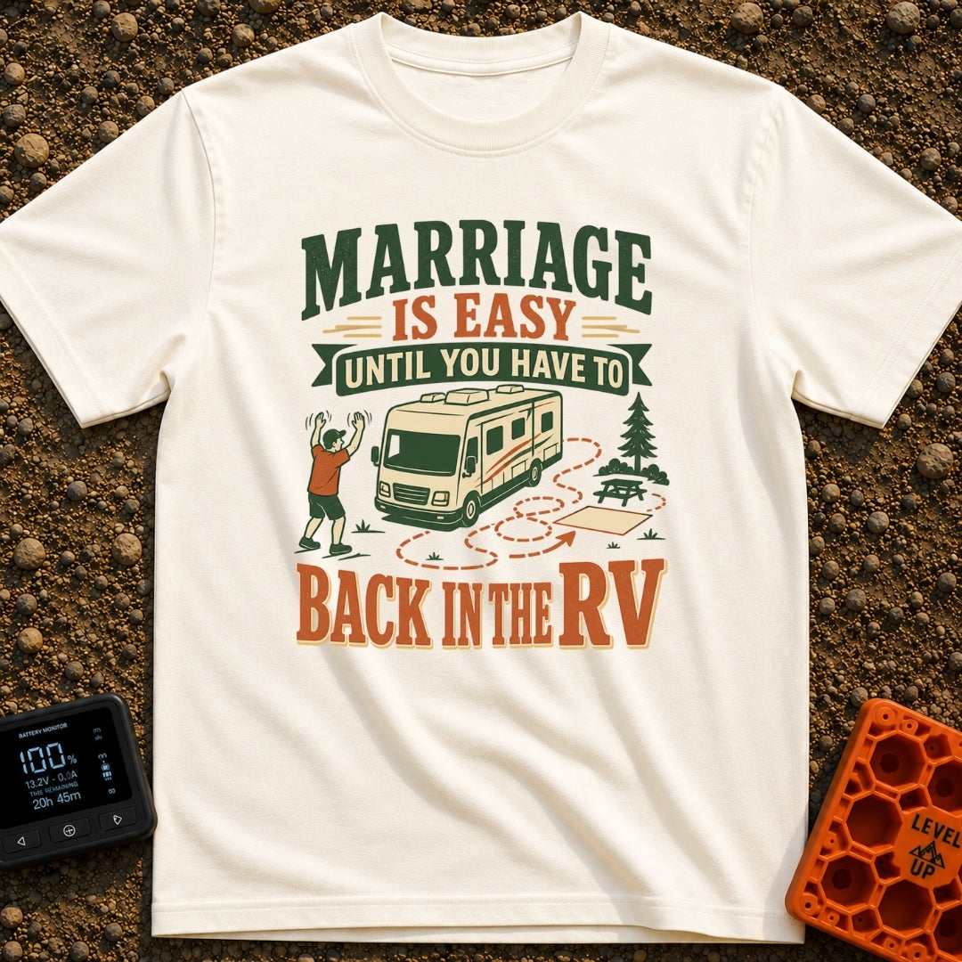 Divorce By Backing Up - T-Shirt in Ivory - An illustration of a man waving his arms to guide a large motorhome into a...