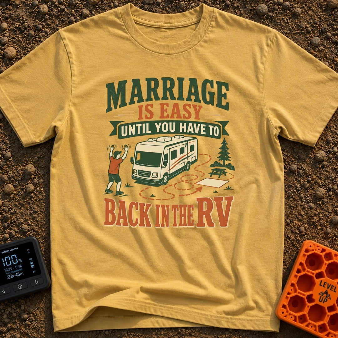 Divorce By Backing Up - T-Shirt in Mustard - An illustration of a man waving his arms to guide a large motorhome into a...