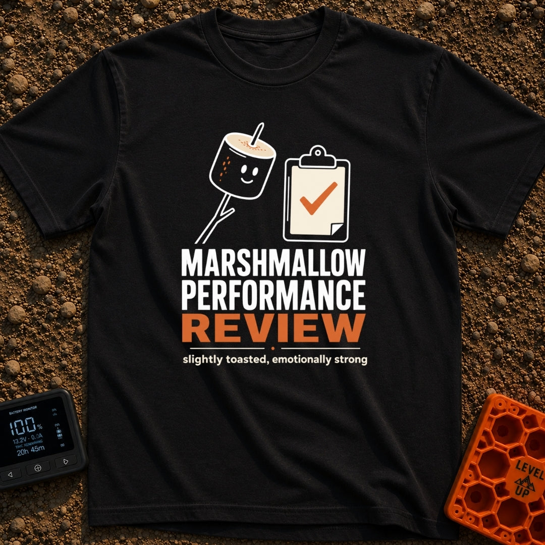 Evaluating Marshmallow Potential - T-Shirt in Black - A graphic featuring a smiling, lightly toasted marshmallow on a...