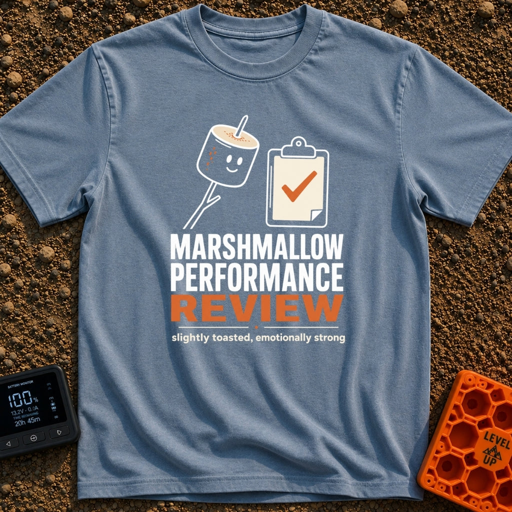 Evaluating Marshmallow Potential - T-Shirt in Blue Jean - A graphic featuring a smiling, lightly toasted marshmallow on a...