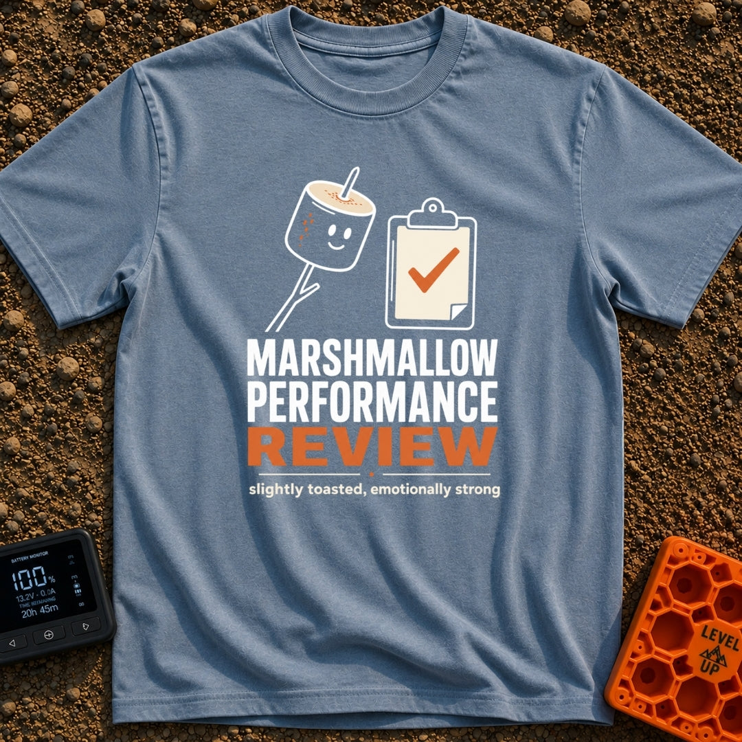 Evaluating Marshmallow Potential - T-Shirt in Blue Jean - A graphic featuring a smiling, lightly toasted marshmallow on a...