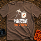 Evaluating Marshmallow Potential - T-Shirt in Espresso - A graphic featuring a smiling, lightly toasted marshmallow on a...