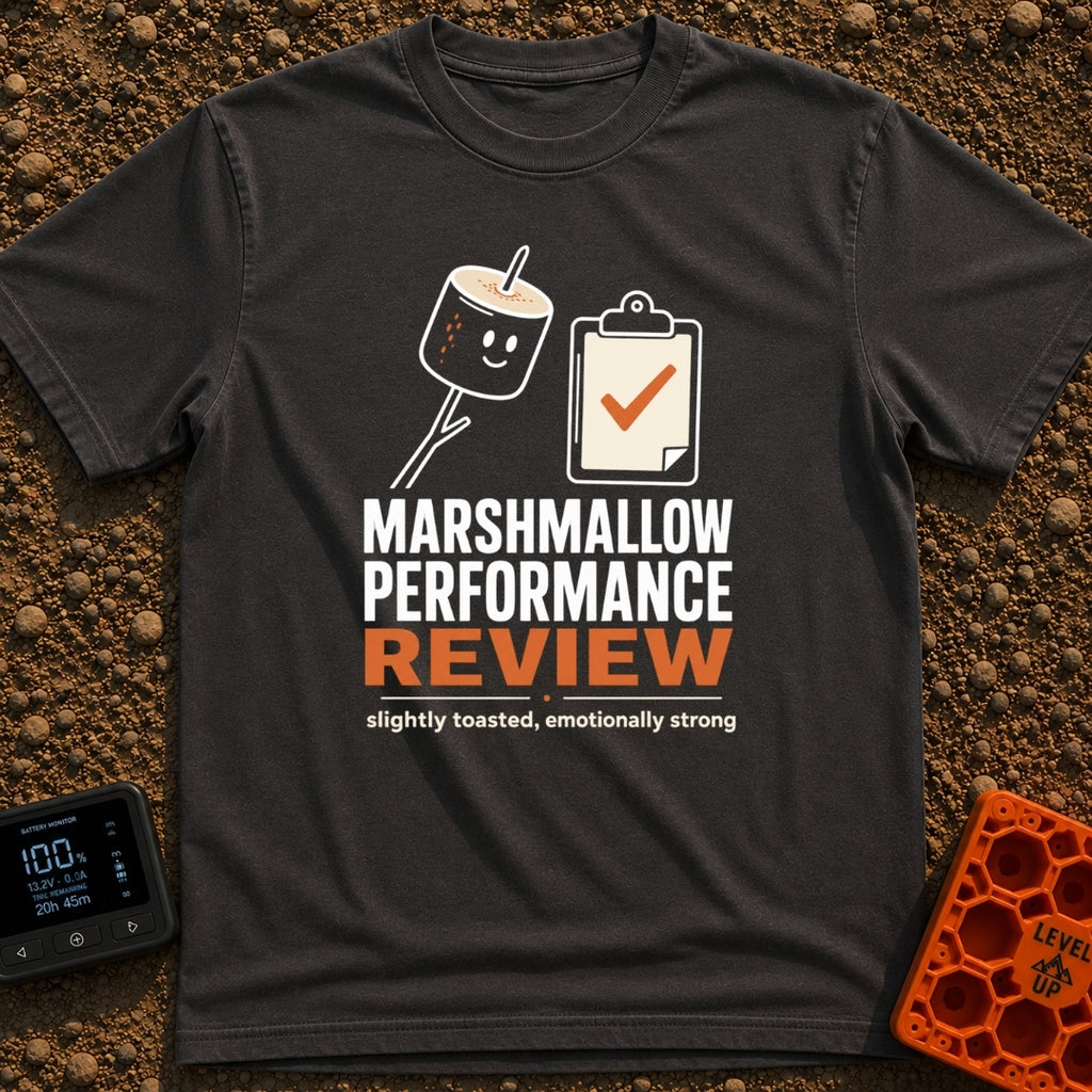 Evaluating Marshmallow Potential - T-Shirt in Graphite - A graphic featuring a smiling, lightly toasted marshmallow on a...
