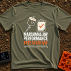 Evaluating Marshmallow Potential - T-Shirt in Moss - A graphic featuring a smiling, lightly toasted marshmallow on a...