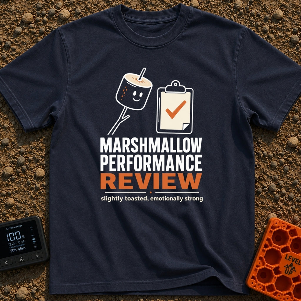 Evaluating Marshmallow Potential - T-Shirt in Navy - A graphic featuring a smiling, lightly toasted marshmallow on a...