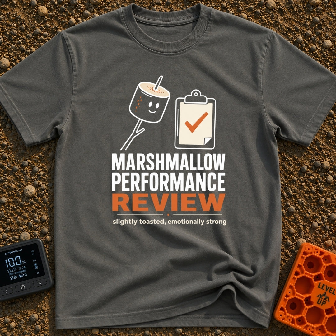 Evaluating Marshmallow Potential - T-Shirt in Pepper - A graphic featuring a smiling, lightly toasted marshmallow on a...
