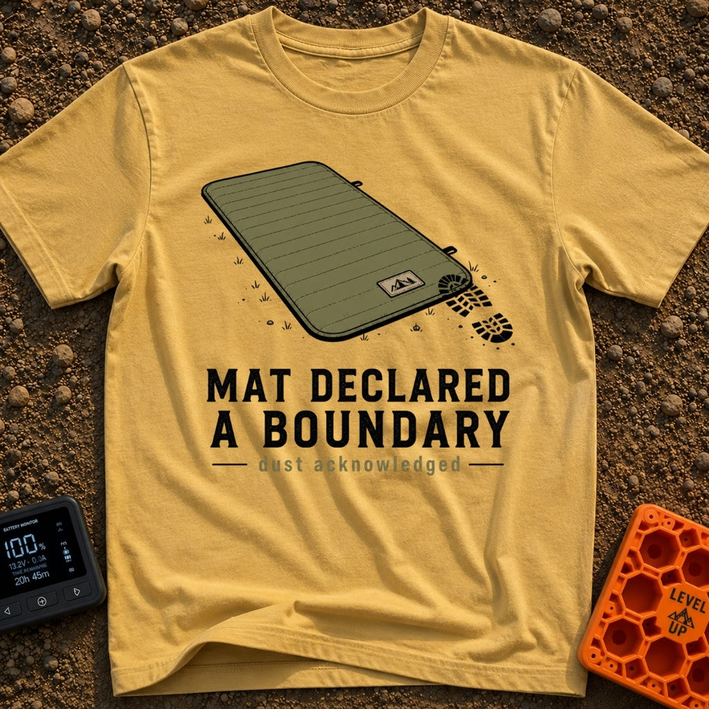 Boundary Mat Mischief - T-Shirt in Mustard - An illustration of an olive green quilted camping mat lying on dirt and...