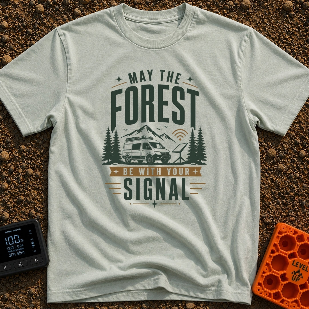 May The Forest Connect - T-Shirt in Bay - An illustration of a camper van parked in a forest with mountains in the...
