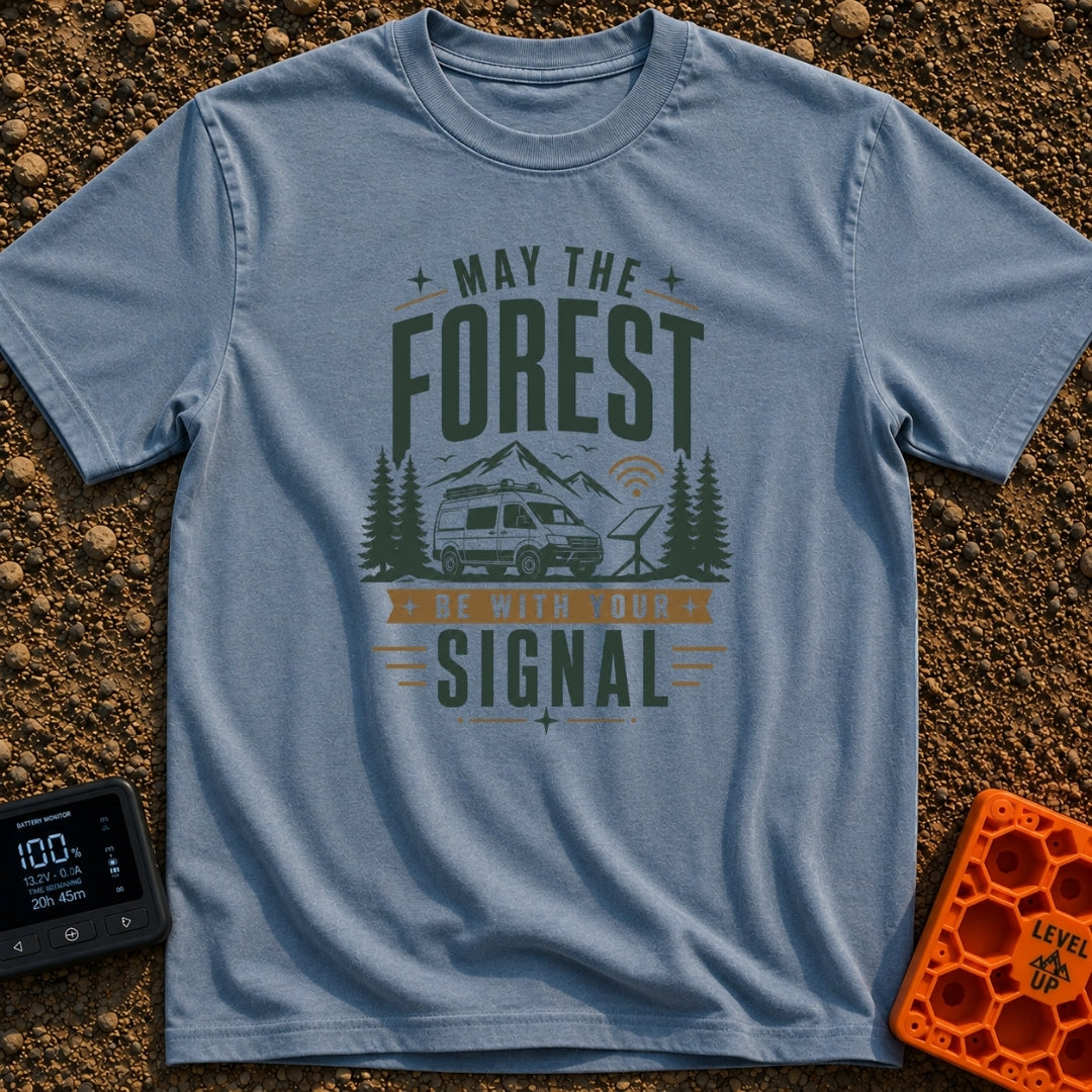 May The Forest Connect - T-Shirt in Blue Jean - An illustration of a camper van parked in a forest with mountains in the...