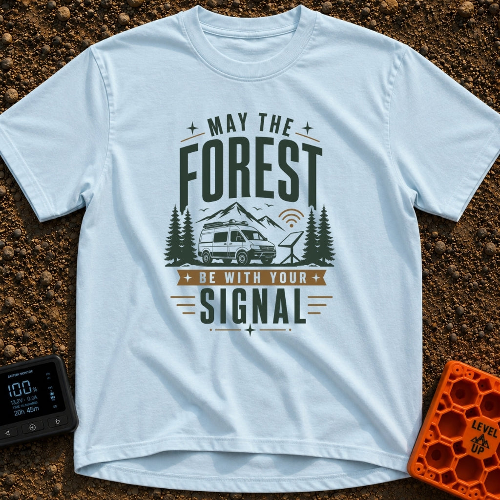 May The Forest Connect - T-Shirt in Chambray - An illustration of a camper van parked in a forest with mountains in the...