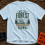 May The Forest Connect - T-Shirt in Chambray - An illustration of a camper van parked in a forest with mountains in the...