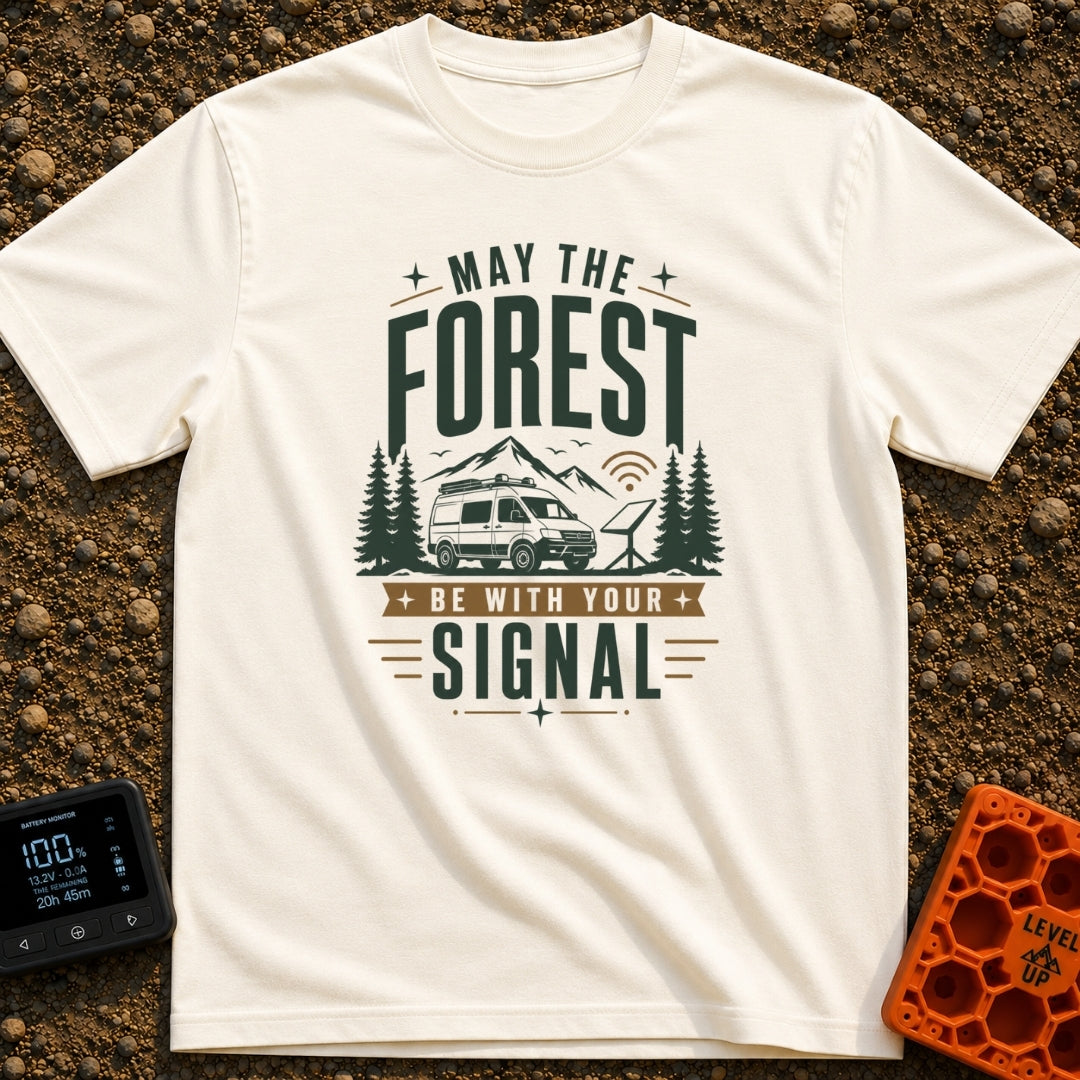 May The Forest Connect - T-Shirt in Ivory - An illustration of a camper van parked in a forest with mountains in the...