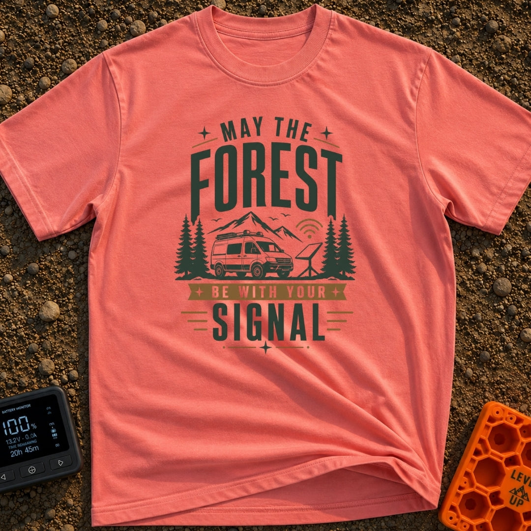 May The Forest Connect - T-Shirt in Watermelon - An illustration of a camper van parked in a forest with mountains in the...