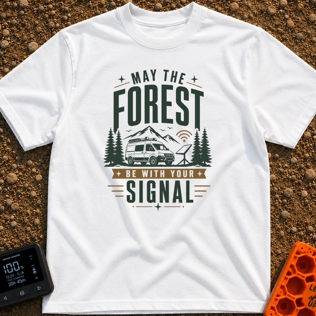 May The Forest Connect - T-Shirt in White - An illustration of a camper van parked in a forest with mountains in the...