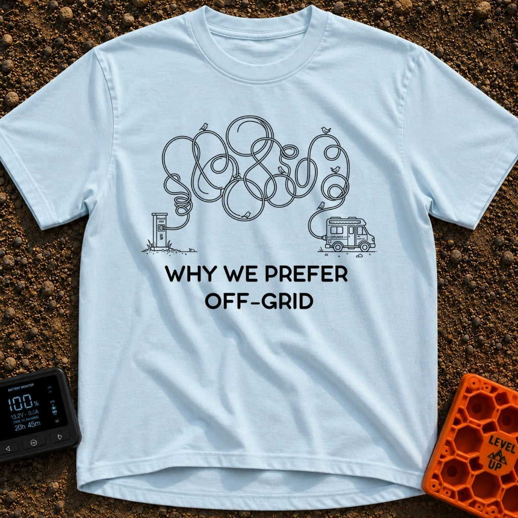 Measured Twice Still Short - T-Shirt in Chambray - A black-and-white line drawing of a camper van connected to a campsite...