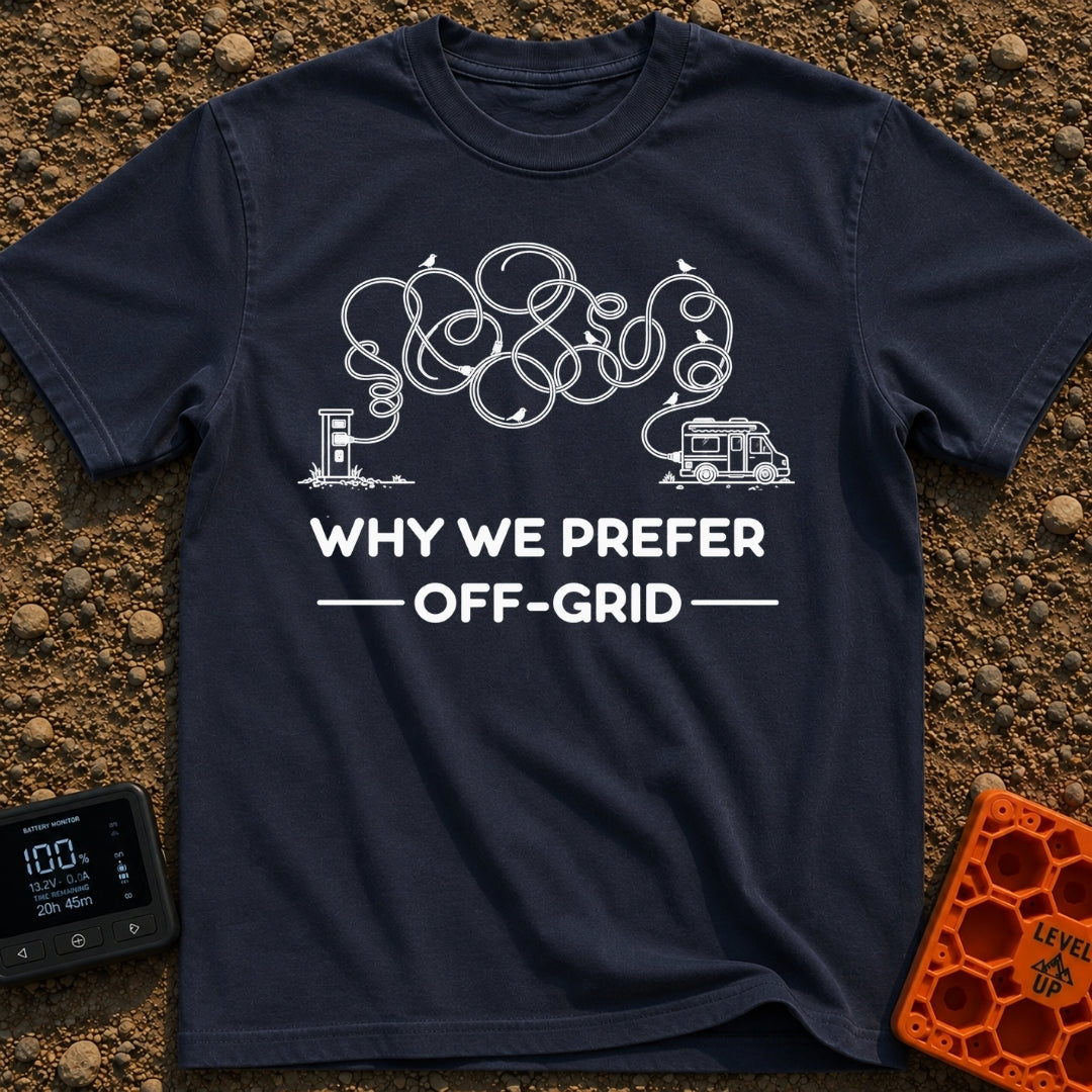 Measured Twice Still Short - T-Shirt in Navy - A black-and-white line drawing of a camper van connected to a campsite...
