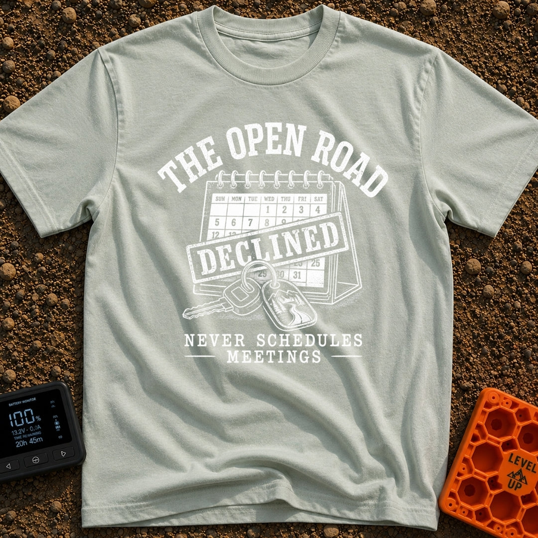 Meeting Declined Gone Camping - T-Shirt in Bay - A black and white illustration of a desk calendar with a large...