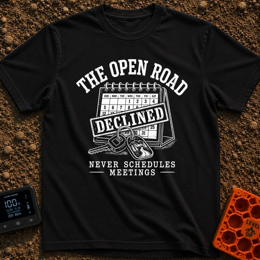 Meeting Declined Gone Camping - T-Shirt in Black - A black and white illustration of a desk calendar with a large...