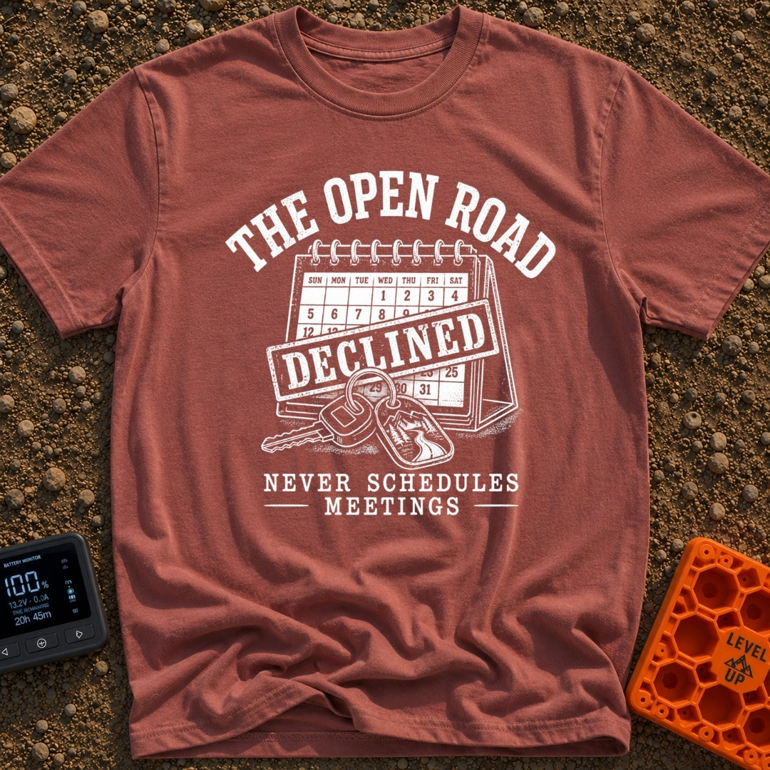Meeting Declined Gone Camping - T-Shirt in Brick - A black and white illustration of a desk calendar with a large...