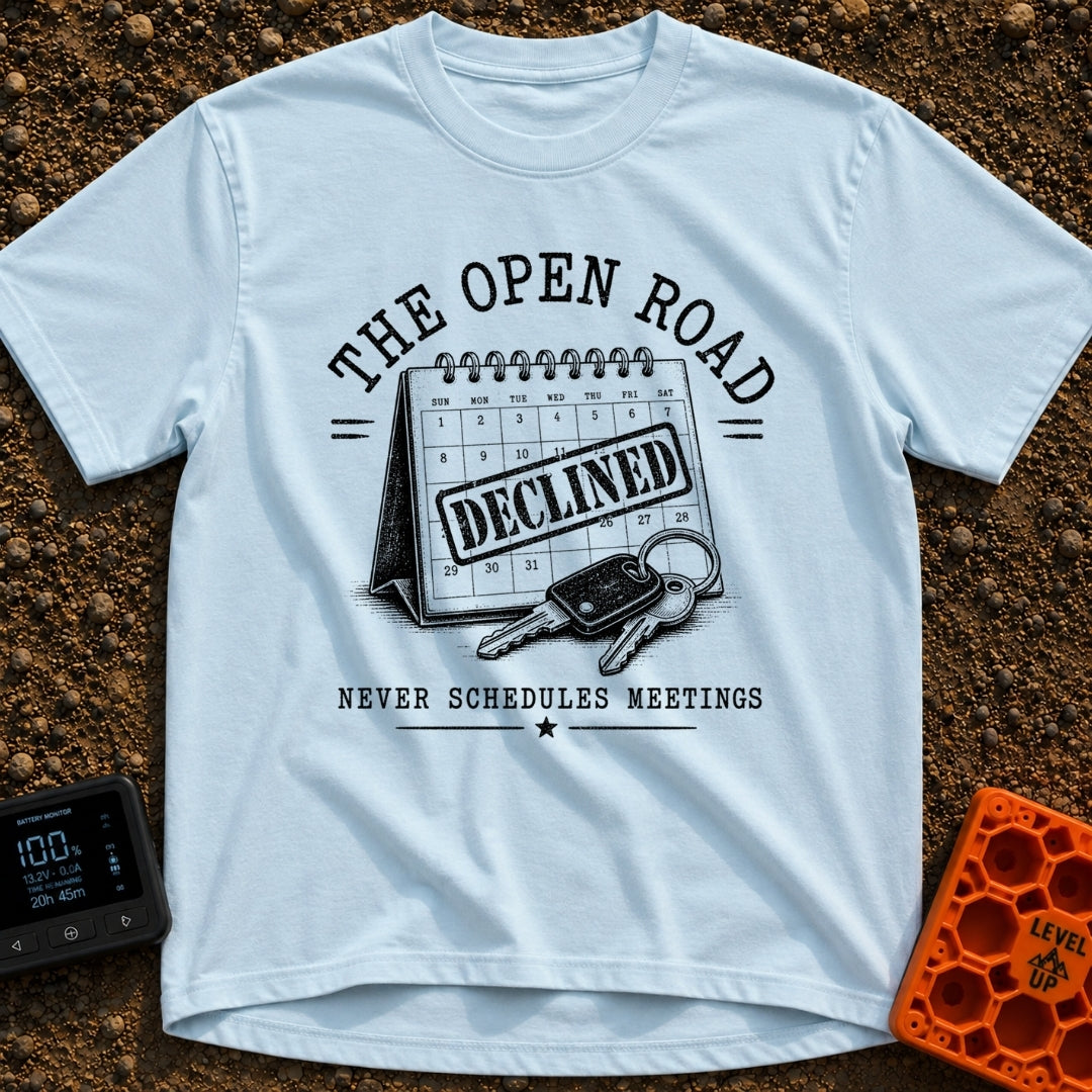 Meeting Declined Gone Camping - T-Shirt in Chambray - A black and white illustration of a desk calendar with a large...