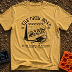 Meeting Declined Gone Camping - T-Shirt in Mustard - A black and white illustration of a desk calendar with a large...