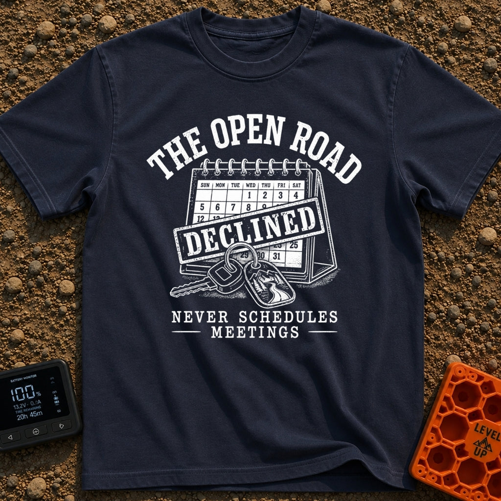 Meeting Declined Gone Camping - T-Shirt in Navy - A black and white illustration of a desk calendar with a large...
