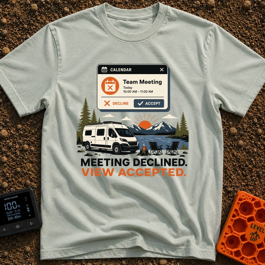 Meeting Declined View Accepted - T-Shirt in Bay - A digital calendar pop-up showing a "Team Meeting" invitation above an...